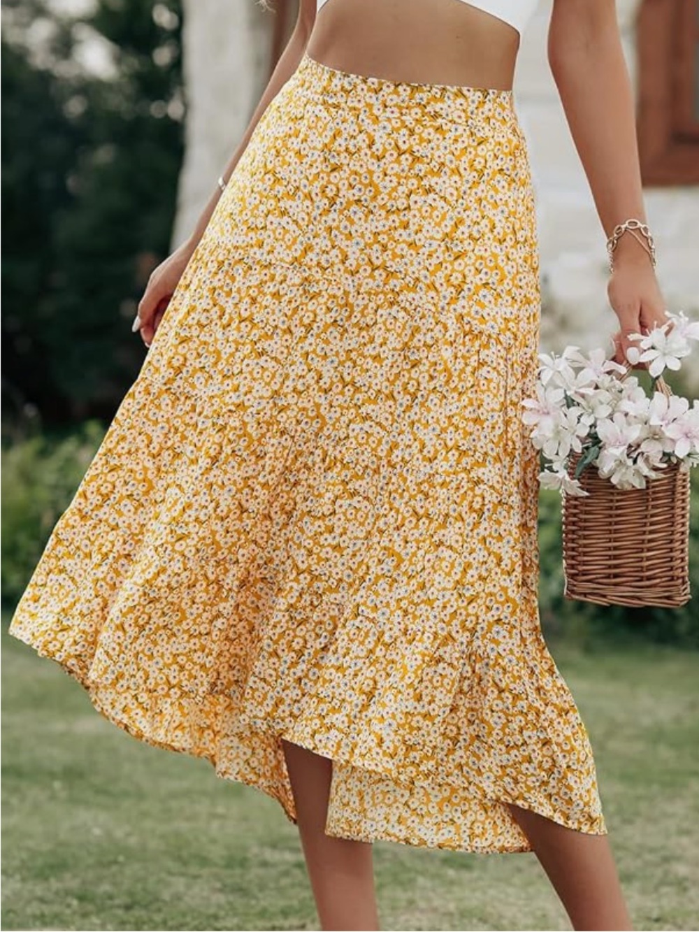 Floral High-Low Midi Skirt in Yellow — Lightweight Tiered Summer Skirt